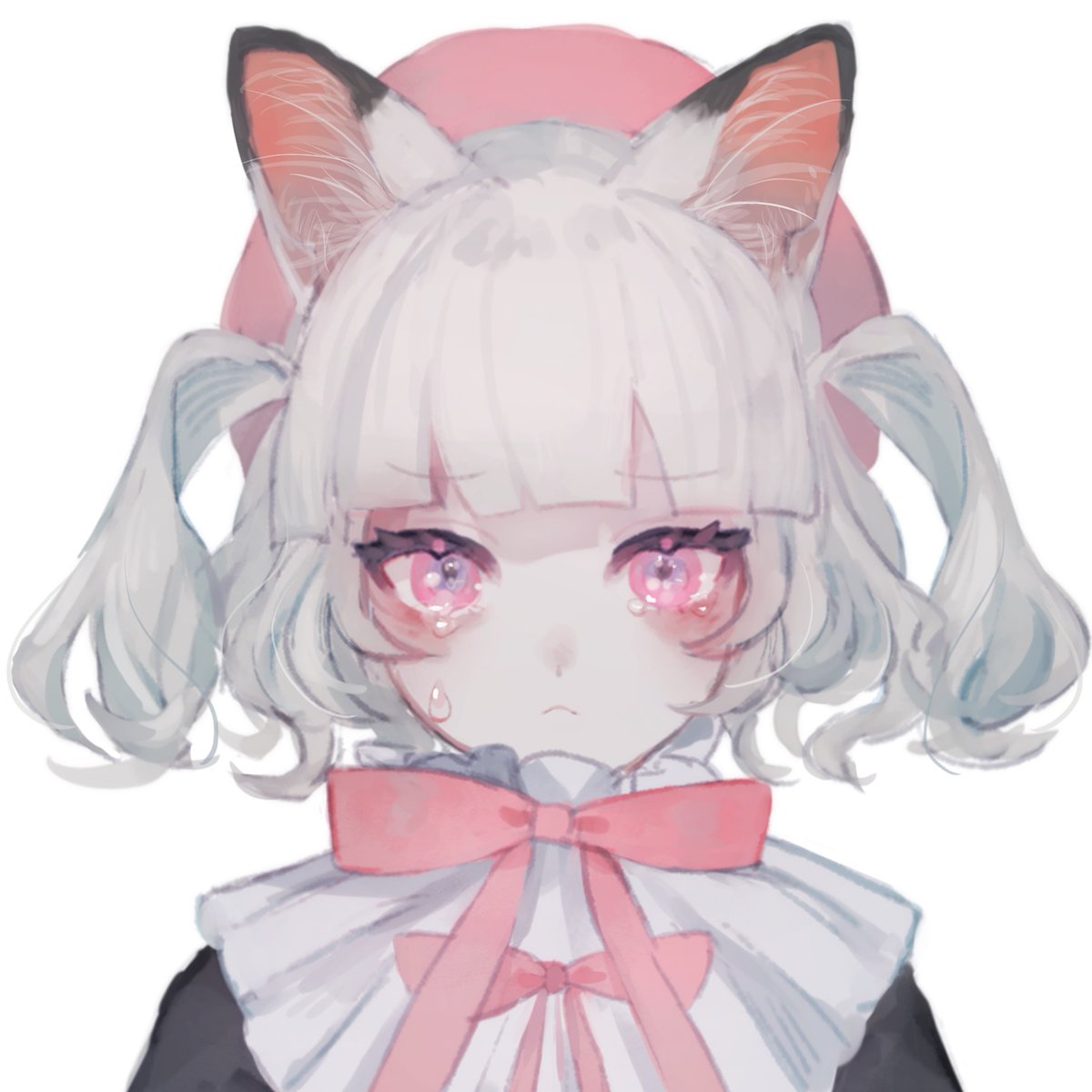 1girl animal ears solo tears cat ears pink eyes white background  illustration images
