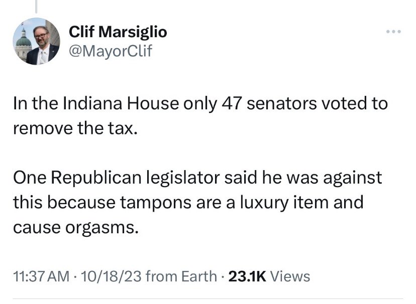 #ResistanceWomen #ProudBlue This Indiana Republican politician is just another ridiculous, uniformed, dolt. He obviously does not know female anatomy. Tampons are NOT a luxury item. Tampons do NOT give orgasms. This is probably the most ignorant statement I’ve seen.🤦‍♀️