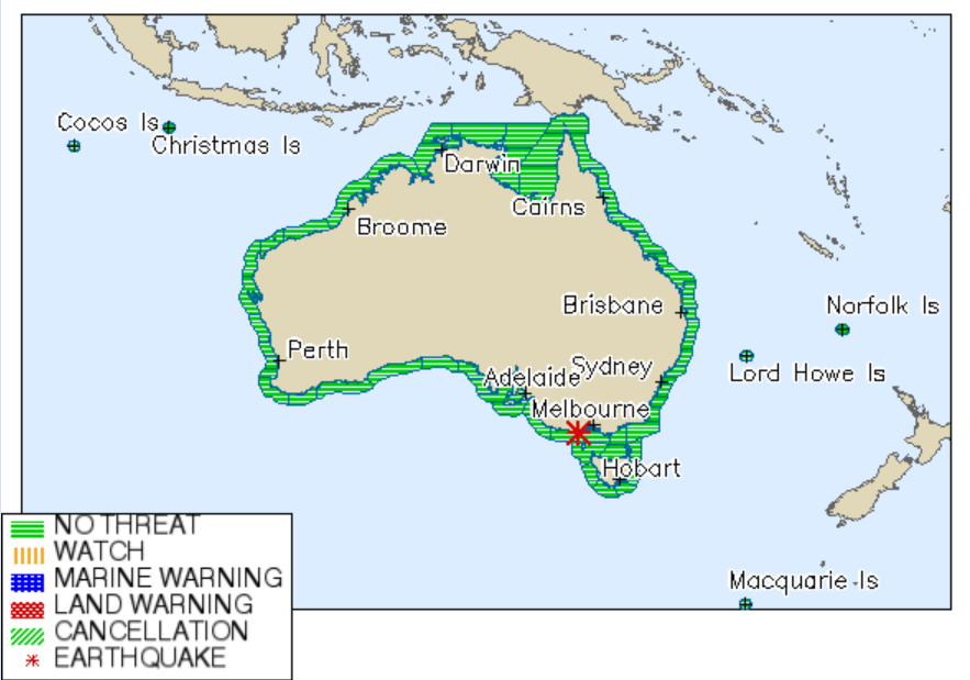 A 5.1 magnitude earthquake near Apollo Bay in Victoria does NOT present a tsunami threat to Australia.
