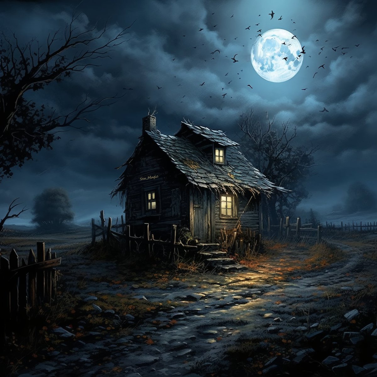 ▪️🌕▪️
In the solitary embrace of night. 

#digitalart #art #aiart #halloween #town #countryside #fall #autumn #darkart #sky #clouds #hut #night #moon