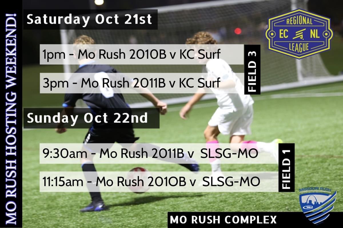 BIG HOSTING WEEKEND! @MoRushSoccer Club welcomes KC Surf and SLSG Mo ECNL-RL Boys. Let's go Rush ⚽️⚽️⚽️