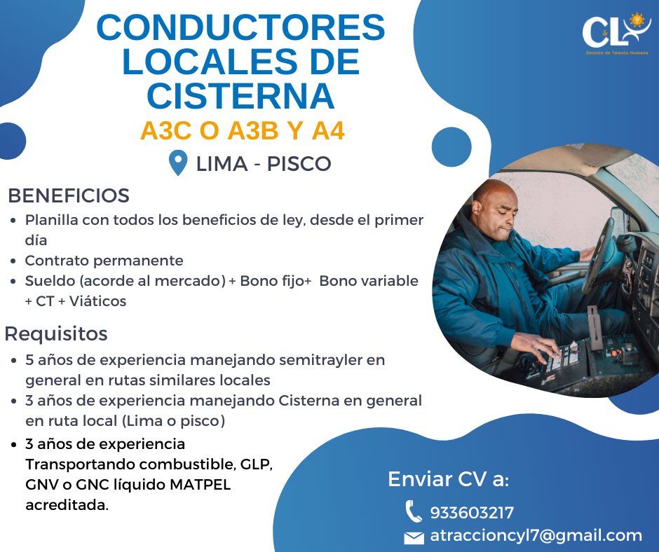 ConsultoraCyL's tweet photo. 📢¡NUEVA OFERTA LABORAL!  📢
¿Interesado?  𝗟𝗟𝗘𝗡𝗔 𝗘𝗟 𝗙𝗢𝗥𝗠𝗨𝗟𝗔𝗥𝗜𝗢 𝗬 𝗘𝗡𝗩𝗜́𝗔 𝗧𝗨 𝗖𝗩  https://t.co/JpSb83fGYT
Información
- 933603217
- eleccion@cyltalentohumano.com
#Chofer #ofertalaboral #Trabajo #Lima #Pisco https://t.co/kTylzwXYQw