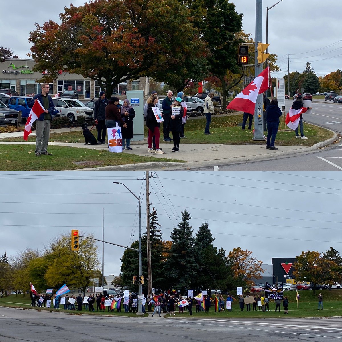 MIHomeYGK's tweet photo. Crowds have now grown on both sides to ~15 demonstrators and ~100 counter-demonstrators. No traffic delays. https://t.co/fBYv02EF2i