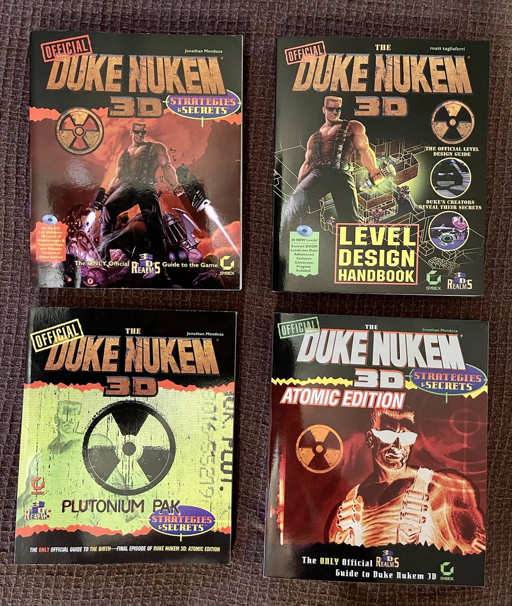 I have at least a dozen different Duke Nukem 3D books. These four here, by Sybex, were all officially licensed by @Apogee_Ent. I had to proofread all of these before they went to press looking for any mistakes. Very time consuming and tedious! But worth the effort.