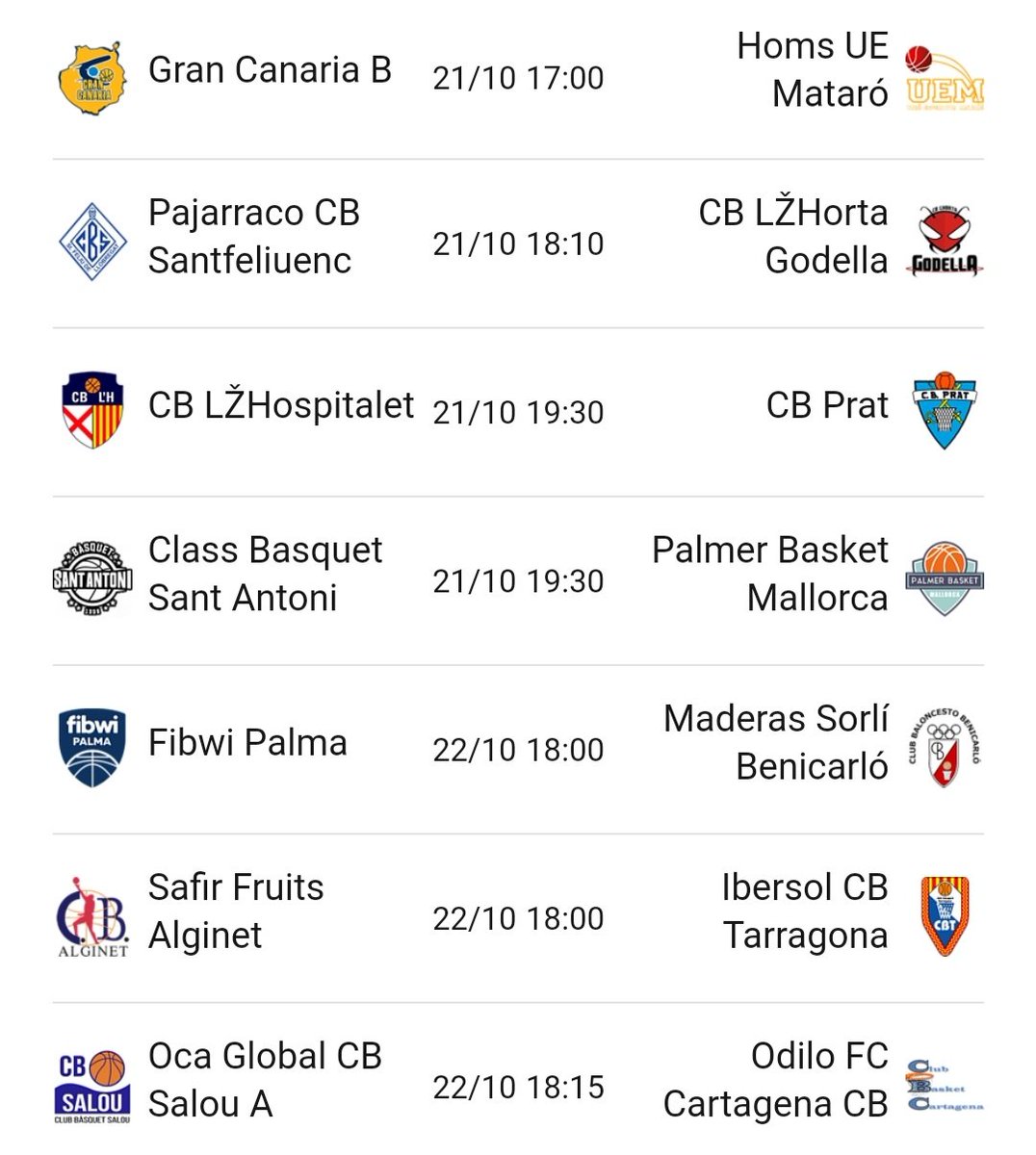 NOTI_LEB_PLATA's tweet photo. 𝗝𝗢𝗥𝗡𝗔𝗗𝗔 𝟯 | 𝘎𝘳𝘶𝘱𝘰 𝘌𝘴𝘵𝘦

👇 Partidos de hoy

🔴 @BaseCBGC 29-33 @uemataro 2C
@cbsantfeliuenc - @cblhortagodella 18:10
@cbhospitalet - @CBPrat 19:30
@CBSantAntoni - @palmerbasket 19:30 https://t.co/Br5je5DJLF