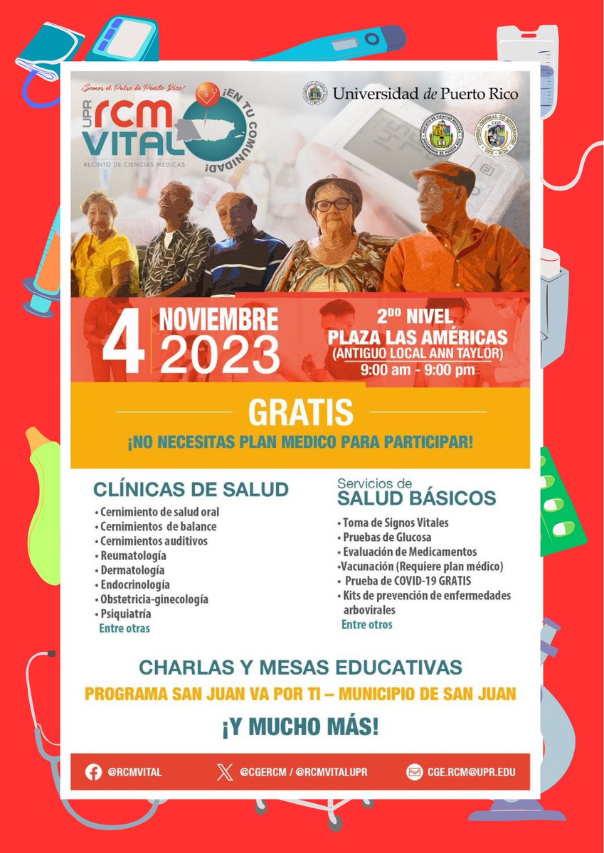Les presentamos las clínicas y servicios a ofrecer de manera gratuita en RCM Vital el sábado 4 de noviembre. 
¡Ya solo faltan dos semanas! Si quieres ser voluntarix puedes registrarte accediendo a este enlace :
docs.google.com/forms/d/e/1FAI…

🩺¡Les esperamos!🩺