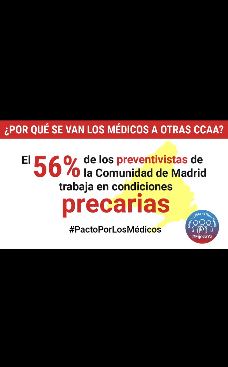 Hay 51 médicos preventivos temporales en <a href="/SaludMadrid/">Salud Madrid</a>, sólo 20% estabilizará según ley 20/21, así que 80% tendrá que presentarse a un examen eliminatorio tras AÑOS con contratos temporales en fraude de ley. Vergonzoso, ¿no? #FatimaMatute <a href="/IdiazAyuso/">Isabel Díaz Ayuso</a> <a href="/ComunidadMadrid/">Comunidad de Madrid</a> #FijezaYa