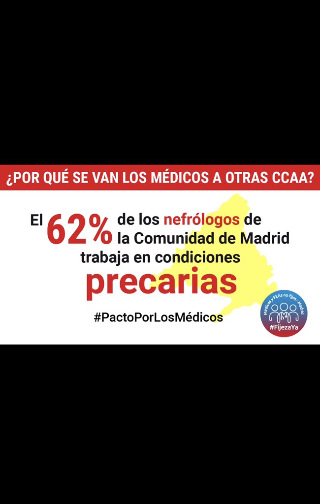 Hay 102 nefrólogos temporales en <a href="/SaludMadrid/">Salud Madrid</a>, sólo 18% estabilizará según ley 20/21, así que 82% tendrá que presentarse a un examen eliminatorio tras AÑOS con contratos temporales en fraude de ley. Vergonzoso, ¿no? #FatimaMatute <a href="/IdiazAyuso/">Isabel Díaz Ayuso</a> <a href="/ComunidadMadrid/">Comunidad de Madrid</a> #FijezaYa