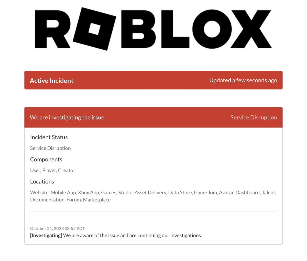 Roblox Status on X: We are investigating the issue. #RobloxDown