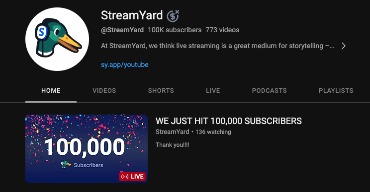 100,000th subscriber - Congrats @streamyard Live streamed by <a href="/NickNimmin/">Nick Nimmin</a> #youtubemarketing #youtubestrategist #livestreaming  youtu.be/CR8vVLXtPhA