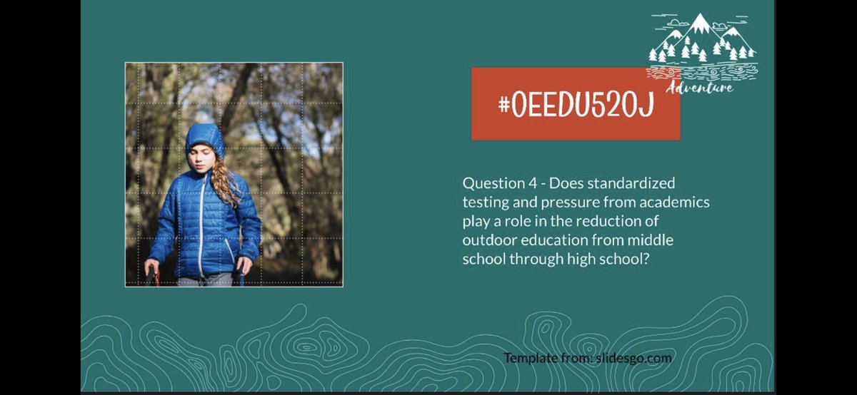 martincorb793's tweet photo. Question 4: Does standardized testing and pressure from academics play a role in the reduction of outdoor education from middle school through high school?
#OEEDU520J 
Peel back some layers and let’s hear your meaningful insights! https://t.co/cD8FKN2G5M