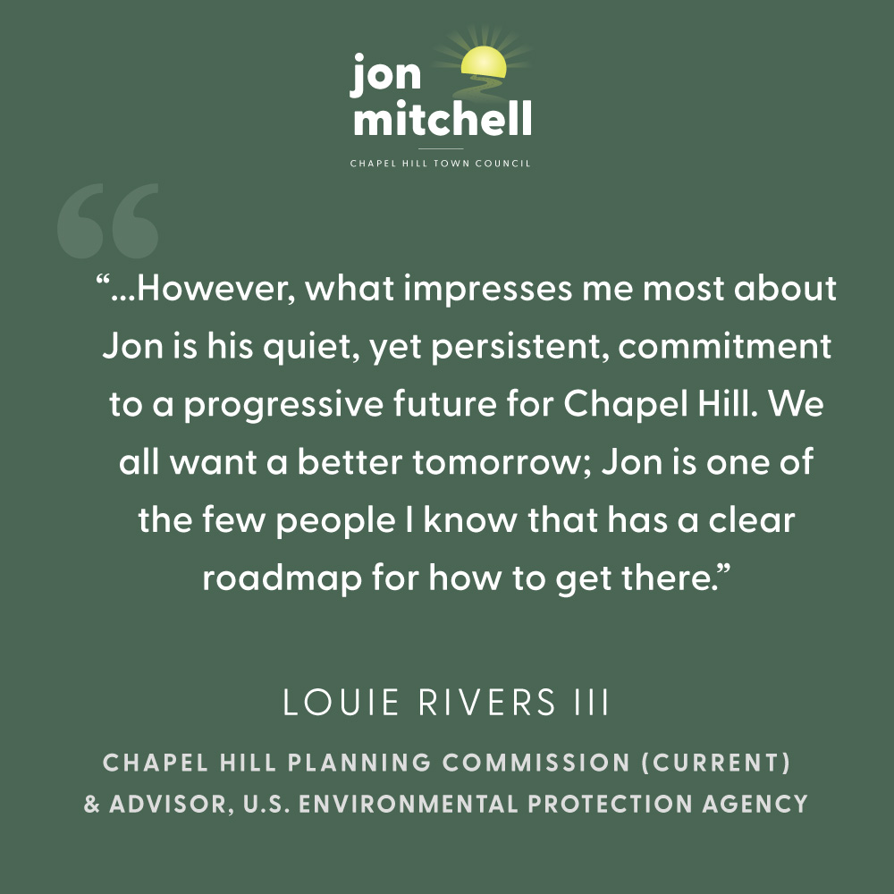 jon4chapelhill's tweet photo. Proud to say I've been endorsed by @lriversiii, the longest serving current member (and former Vice Chair) of the Chapel Hill Planning Commission. Louie is also recognized as one of Chapel Hill's foremost environmental advocates. Thanks Louie! 🎙️🫳🏾 #ncpol https://t.co/iNQzyWeTA9