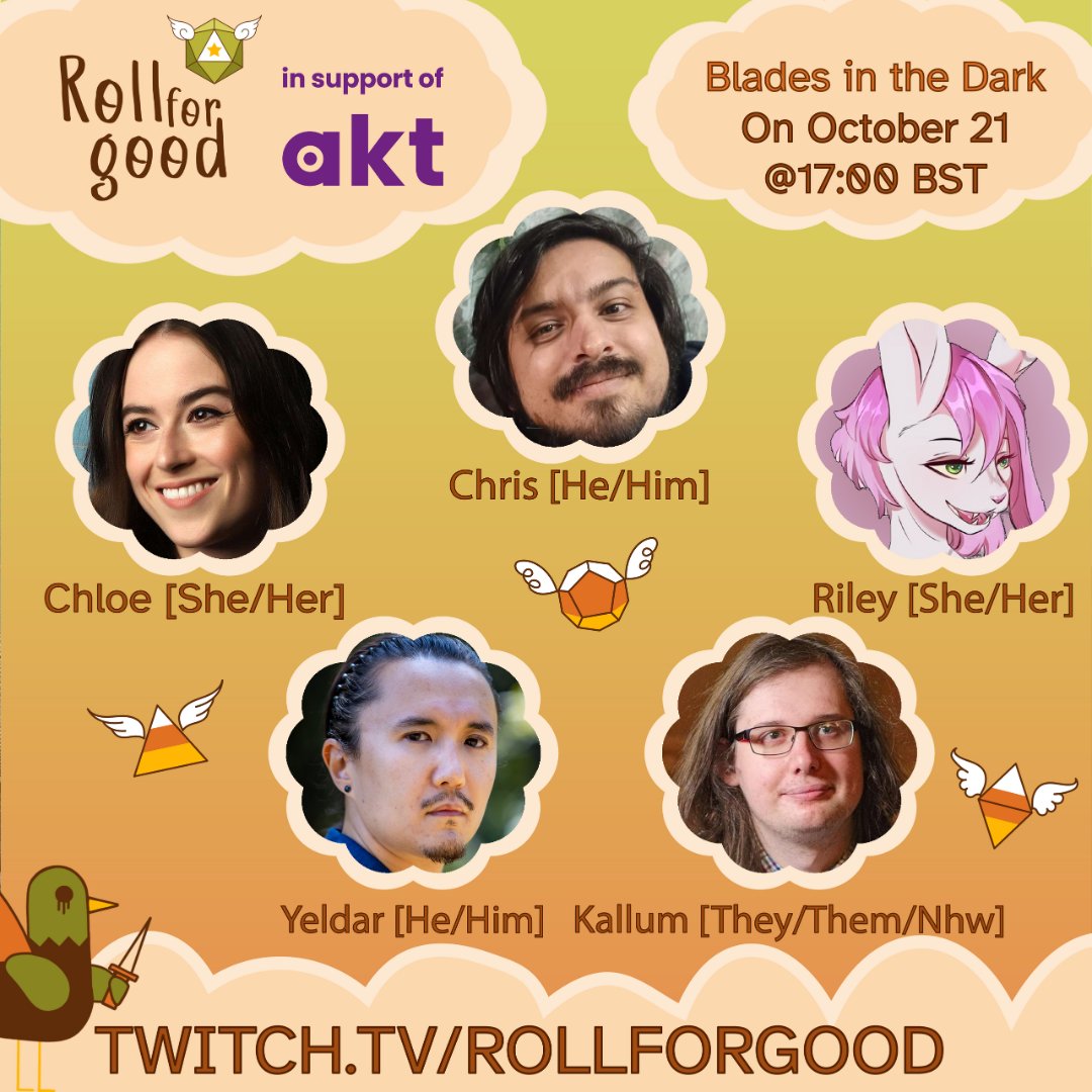 Another game, another chance to support <a href="/aktcharity/">akt</a> 

@cdkelly9 is running Blades in the Dark (by <a href="/john_harper/">John Harper</a>) with Yeldar, <a href="/Nazothedark/">Nazen The Dark</a> @TheatreKallum <a href="/clo_withtheflow/">Chloe Elliott</a> 

Head over to twitch.tv/rollforgood
