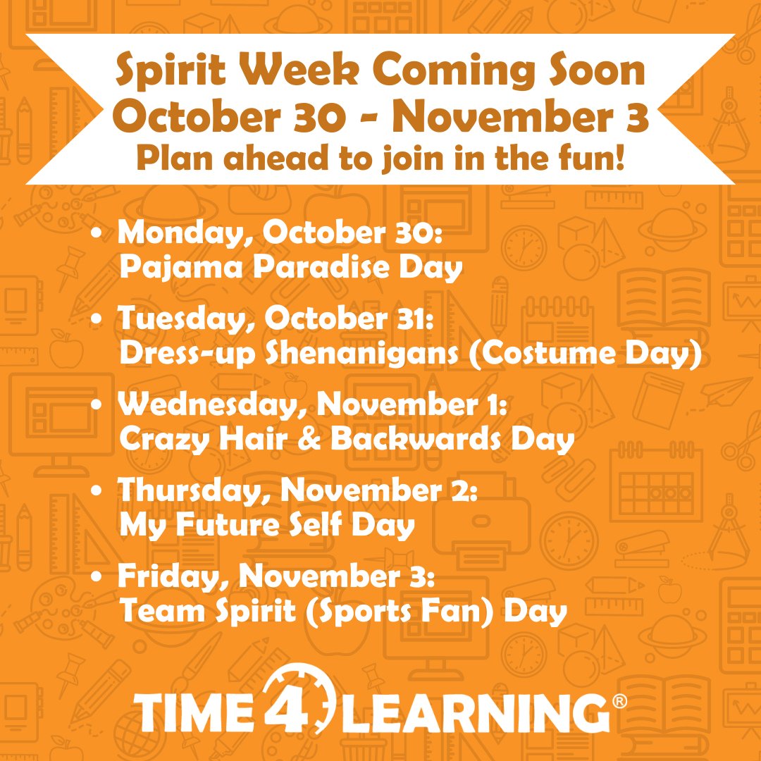 Time4Learning's tweet image. Use the weekend to prep for our upcoming Spirit Week -- coming soon October 30 - November 3! Each day, we&apos;ll share the daily theme for an opportunity to showcase your pics! Drop an emoji or gif in the comments if you plan to participate! #Time4Learning SpiritWeek #Homeschooling