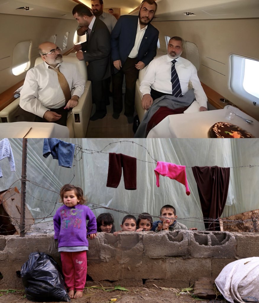 Por un lado los líderes de Hamás en jet privado. En el otro niños palestinos viviendo en la extrema pobreza. La fortuna del líder de Hamas es de 4.600M $ y vive en una mansión de Qatar.

 Por eso la izquierda no condena a los islamistas, son lo mismo: "No aman a su pueblo", aman