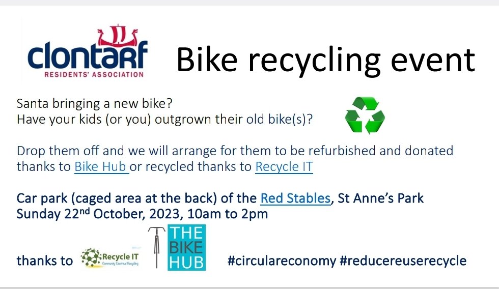 Recycle your rothar! Bike recycling event at Red Stables, St. Anne's Park, Sunday 10am-2pm @TheBikeHub_ie @socialrecycleit @loveclontarf_ie