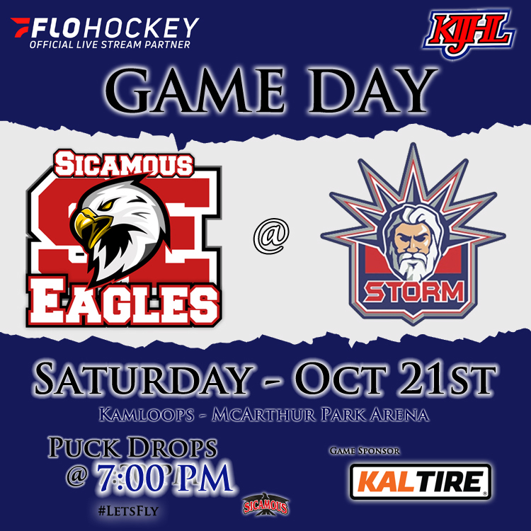 Sicamous_Eagles's tweet photo. Back on the road tonight at McArthur Park Arena vs the @StormKamloops. Both teams played last night and were victorious. Correction to tonight's start time, the puck drops at 7:00 pm. Catch the game live only on @FloHockey. #GoSicamousGo #LetsFly @KalTire @KIJHL @KijhlS https://t.co/A8IXrcftrp