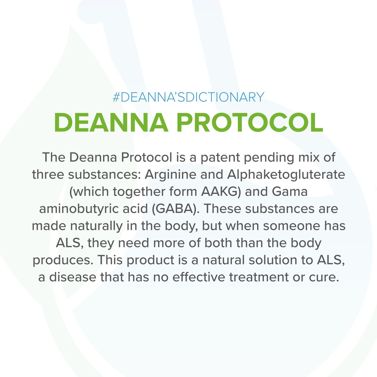 A patented blend of AAKG (Arginine and Alphaketogluterate) and GABA, naturally present in the body but often in short supply with ALS. 

This product offers a natural solution to a condition with no known cure or effective treatment. 💪

#DeannaProtocol