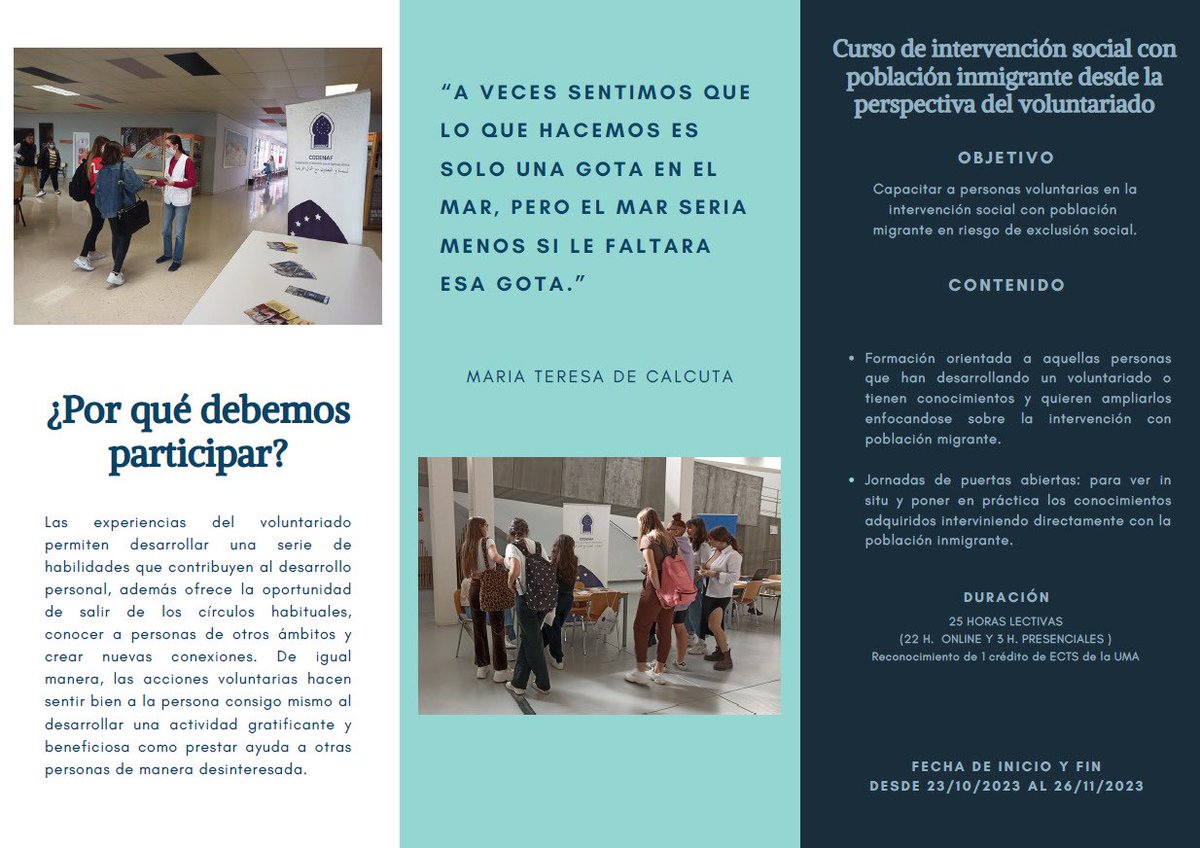 ‼️ No os perdáis esta oportunidad para participar en el curso que nos trae nuestra entidad miembro <a href="/AsocCodenaf/">Asociación CODENAF</a>.
📖Se trata del Curso de Intervención Social con población migrante desde la perspectiva de voluntariado.
 
Inscripción en forms.gle/VkbH1CUh5dk4ku…