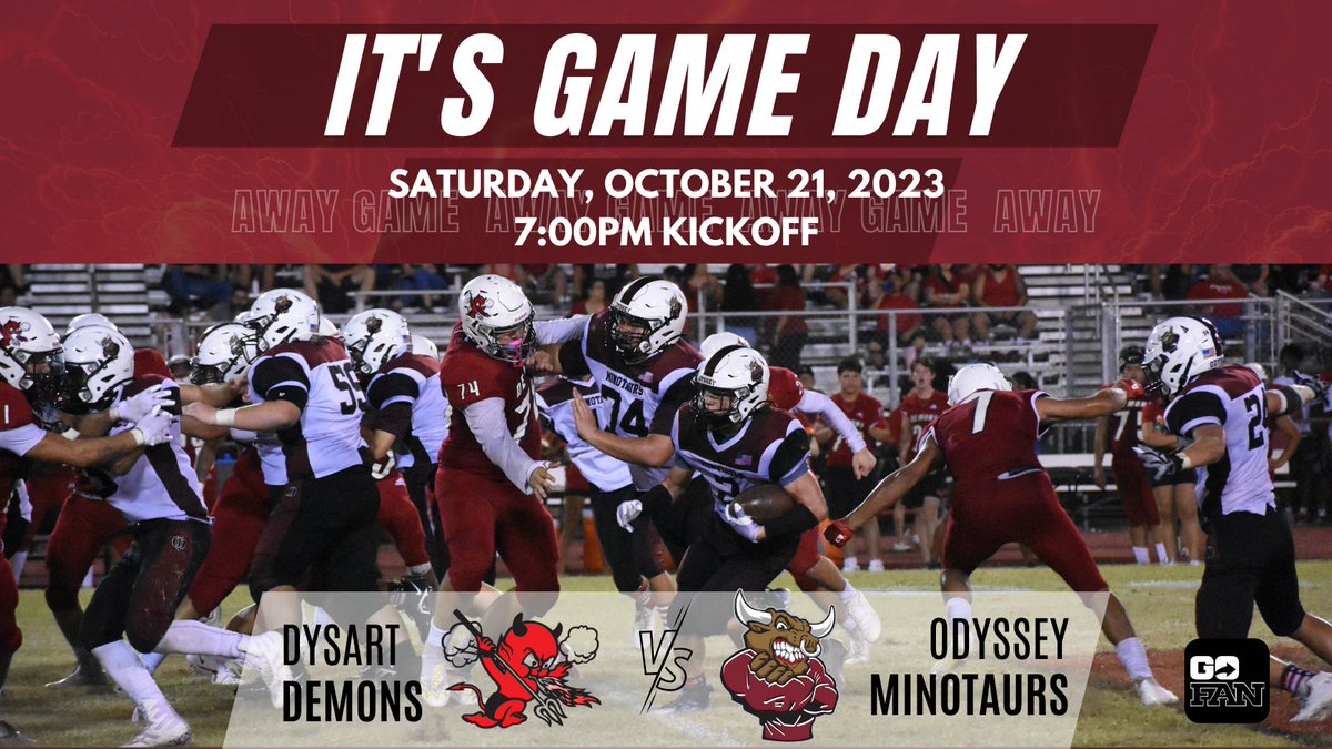 OIfootballbc's tweet photo. It's time to gear up for the big game tonight! We are facing off against a tough opponent @dysartdemons on their turf. The Minotaurs are ready for the challenge. Join us at Dysart High School, kick off is at 7pm. Get your tickets on GoFans! #gominotaurs #2023season #builtnotborn https://t.co/Fs9cb890hU