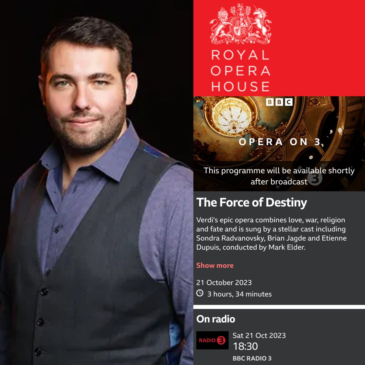 ConnaughtArtis1's tweet photo. Tune in this evening to hear bass @TDHopkinson in Verdi's The force of destiny from @RoyalOperaHouse on @BBCRadio3 in #operaon3
Perfect for a rainy evening! https://t.co/m0KQXpeVaz