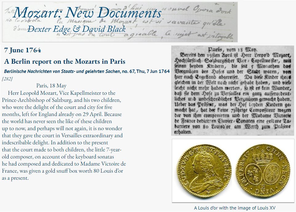 MozartCircleCN's tweet photo. #DexterEdge + #DavidBlack
#MozartNewDocuments
New #Mozart Doc Discovered:
7 June 1764
#Berlin paper describes the Success of the child prodigy #Mozart & his Sister from England to France in #Versailles paid
#GoldSnuffBox #80LouisDOr
= ca. 6,160 USD!
https://t.co/S15SQNuUr9 https://t.co/67Rqts2y84