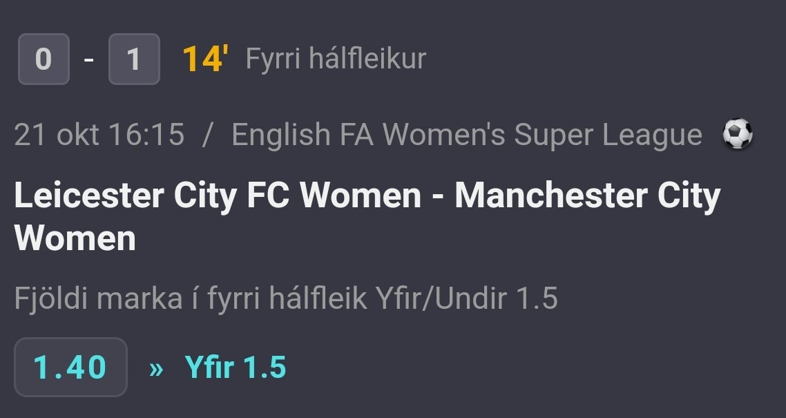 €25 - €1000 Challenge 
Bet 2
Leicester W - Man City W
England
Over 1.5 FHG⚽️
Odds 1.40
€36 returns €50.40💰