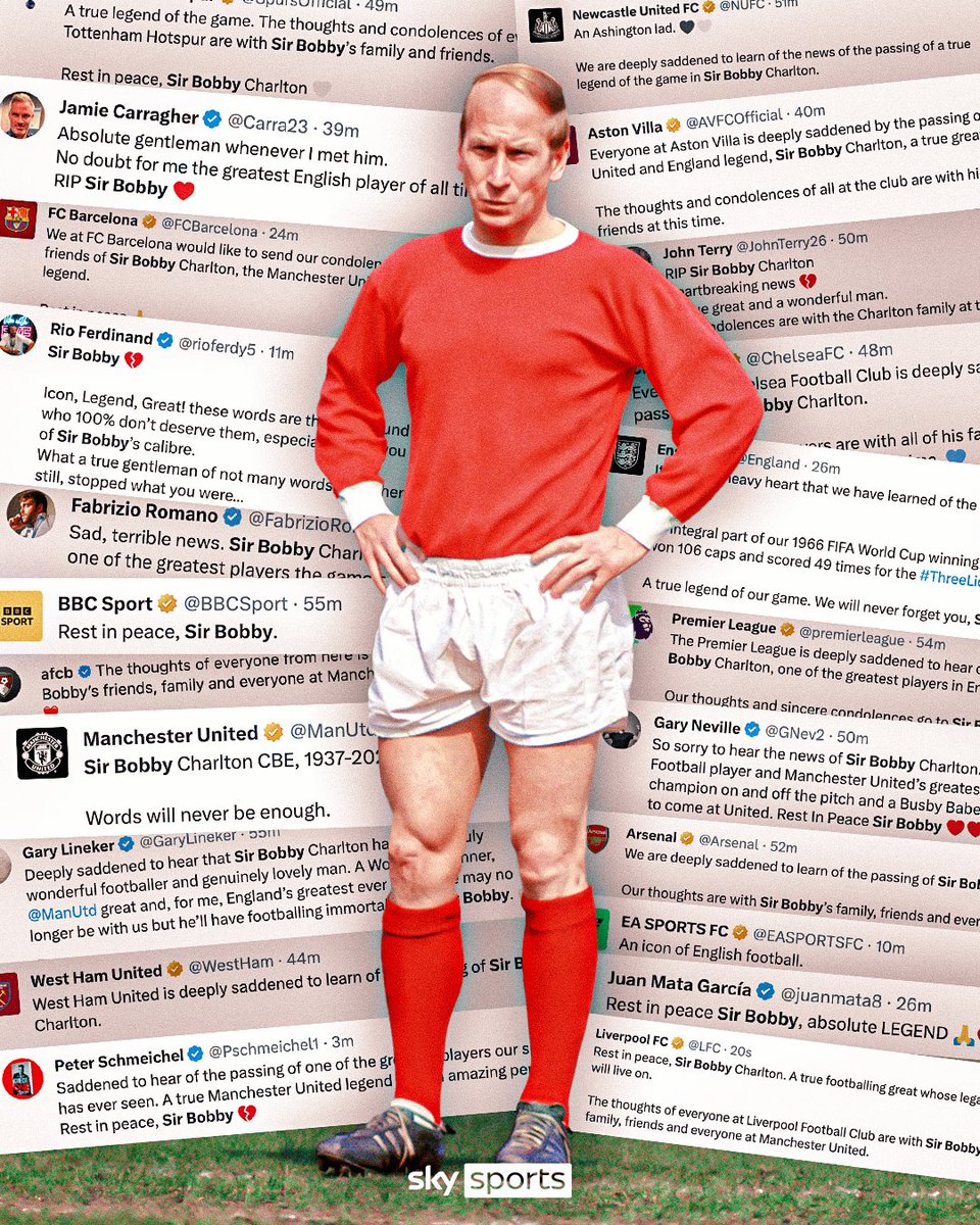 SkySportsNews's tweet photo. Tributes have poured in for Man Utd and England legend Sir Bobby Charlton ❤️🤍 https://t.co/MDp3Gaio8I