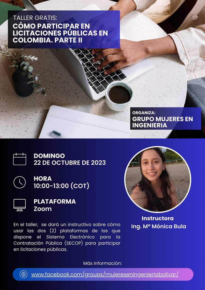 ingenierasbol's tweet photo. MAÑANA: No te pierdas nuestro #taller #gratis sobre cómo participar en #licitaciones públicas en #Colombia con la plataforma SECOP II.

Si te interesa, únete a nuestro grupo en Facebook o escríbenos un mensaje directo: https://t.co/GWU6AJ2JH3

#MujeresEnSTEM #MujeresIngenieras https://t.co/sHo5a8Q8bJ