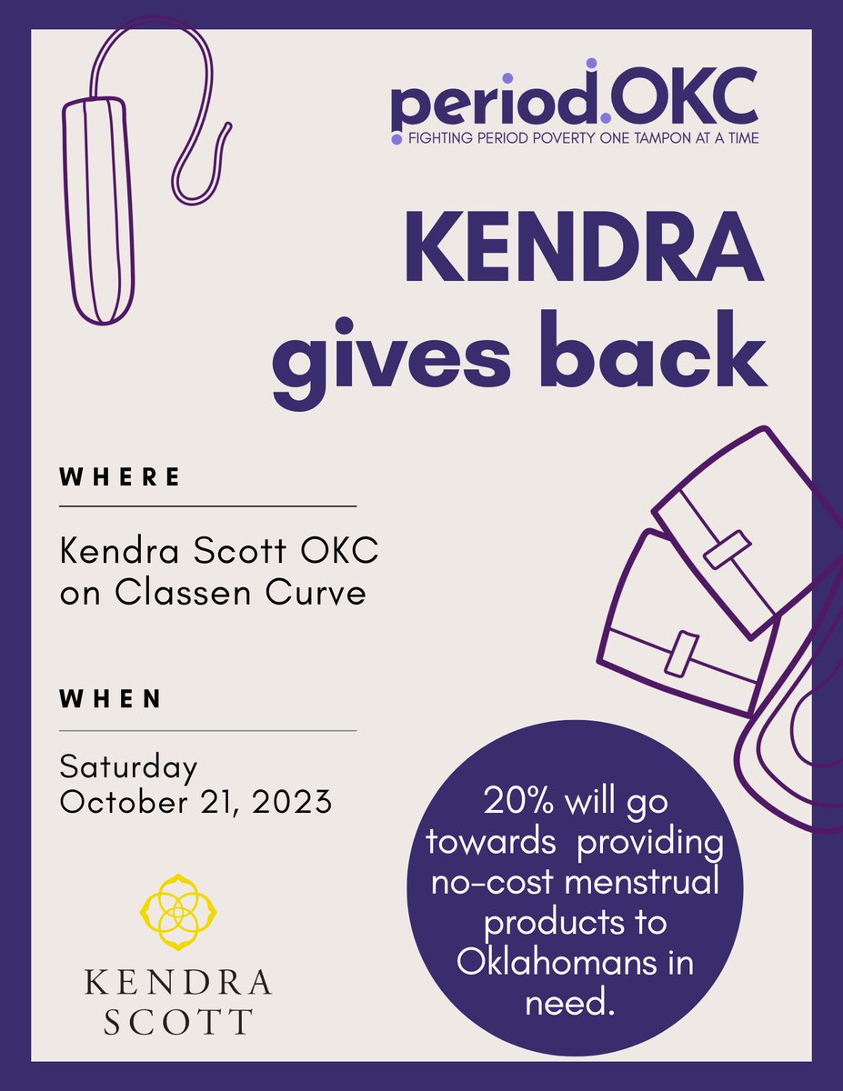 Join us in making a real impact today. Shop at Kendra Scott in-store on Classen Curve or online using coupon code 'GIVEBACK-EYMGA,' and 20% of your purchase will support our mission to fight period poverty in Oklahoma. Together, we can make a difference. 💖