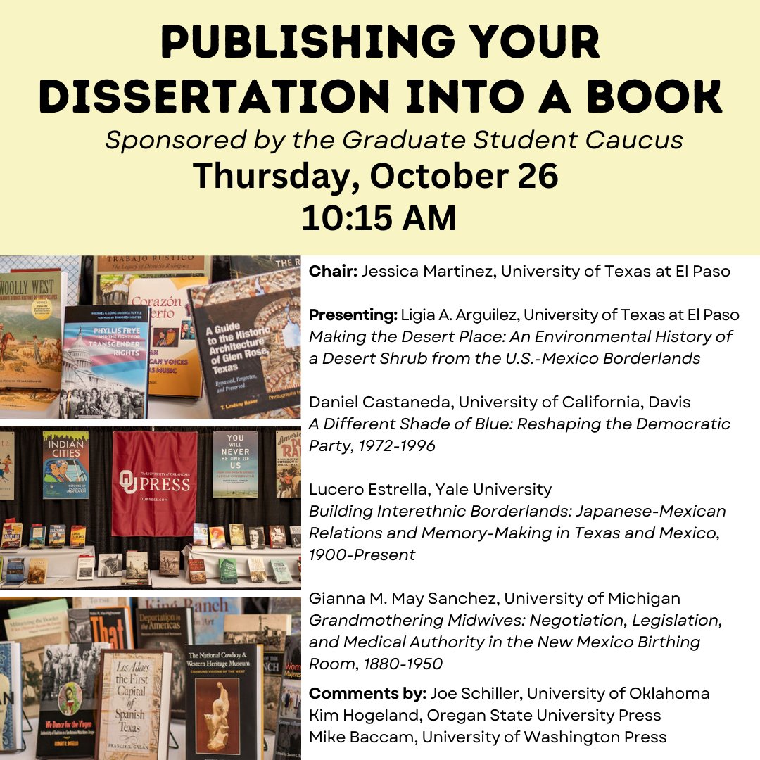 Check out: 'Publishing Your Dissertation into a Book' Thursday, October 26 at 10:15 AM. Location: Beaudry B

Circle this panel in your #WHA2023 programs everybody. Not one to miss!