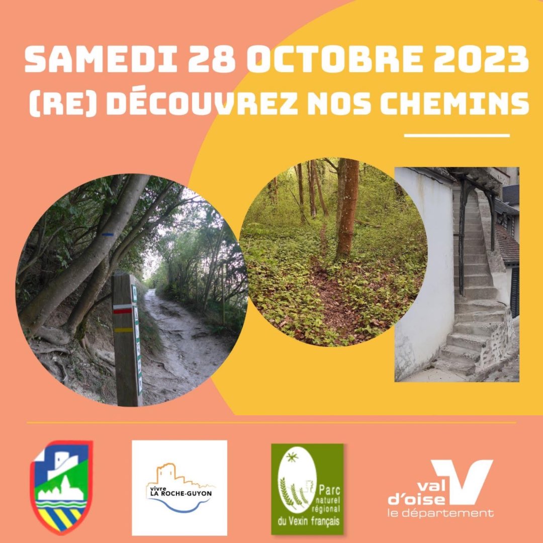 🍃 Samedi 28 octobre, redécouvrez nos chemins à La Roche-Guyon ! Balades guidées, collation. Rendez-vous place de l'Écu à 10h. Chaussures confortables. 🥾#LaRocheGuyon #Randonnée #pnr #valdoise