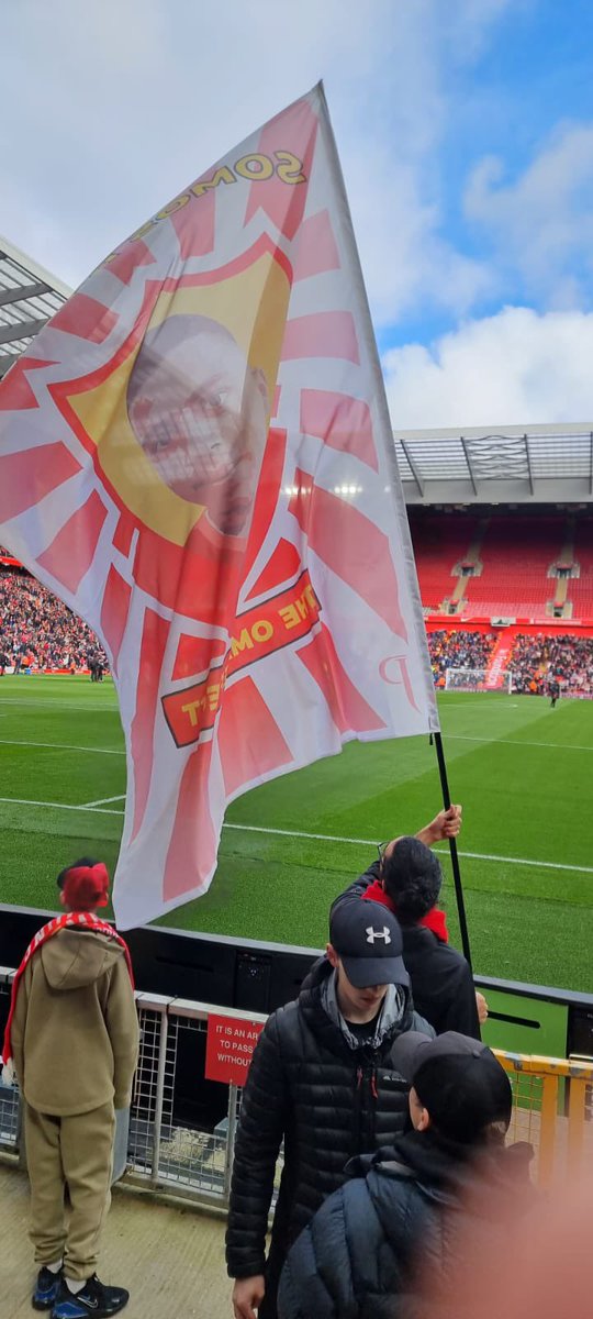 The flag for Omar was flown today on the Kop. Three Egyptian kings helped us on this special day: Shereef <a href="/binkissimo/">binkissimo</a> and Samy <a href="/sazzam31/">LFC</a> who flew the flag, and <a href="/MoSalah/">Mohamed Salah</a> who got us a brace. Also special thanks to <a href="/the_spearman/">William Spearman</a>, <a href="/TheAnfieldWrap/">The Anfield Wrap</a>, <a href="/LFC/">Liverpool FC</a> &amp; <a href="/SpionKop1906/">Spion Kop 1906</a> ❤️❤️❤️ YNWA