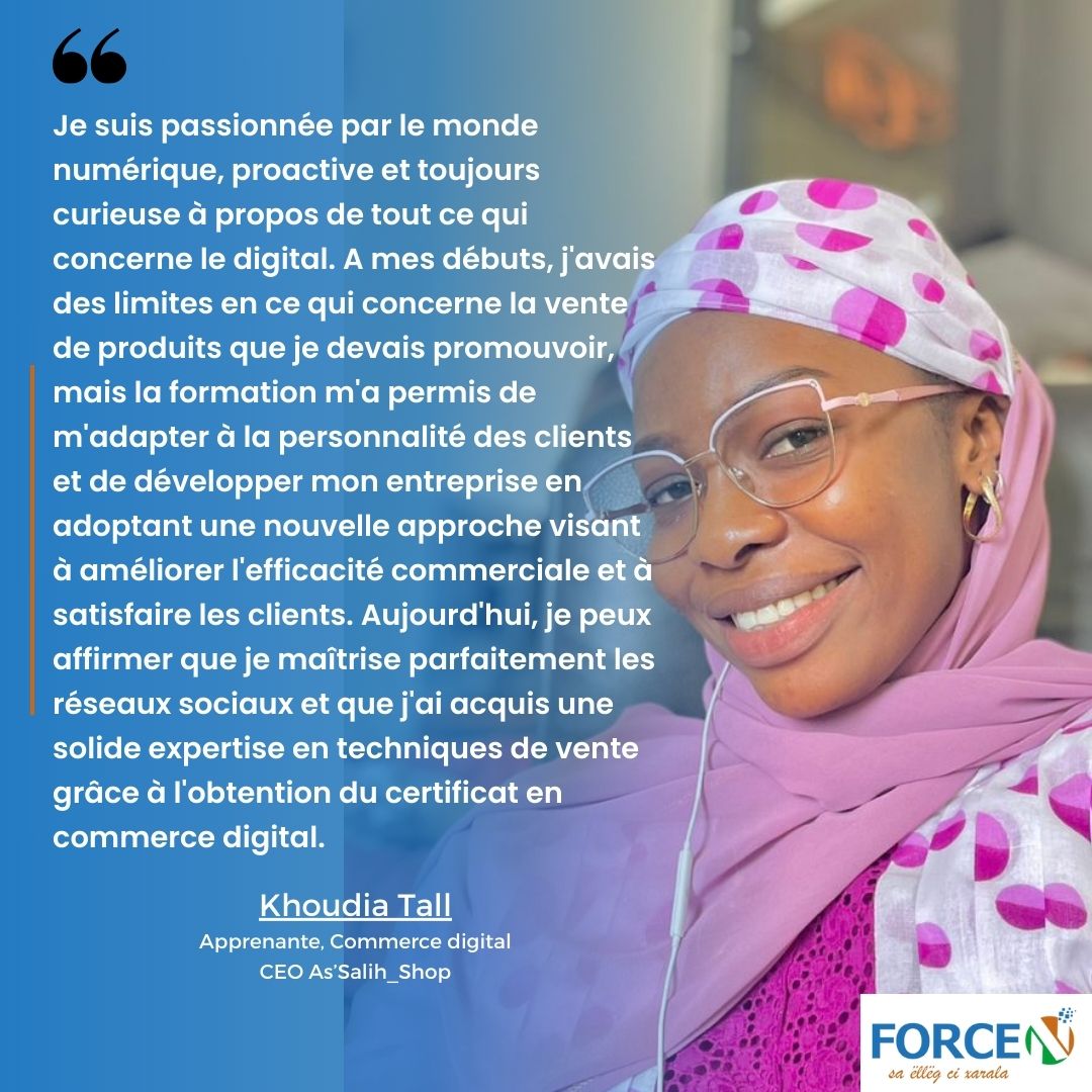 forcensenegal's tweet image. [NOS HÉROS VOUS PARLENT]
Découvrez le témoignage de Khoudia Tall, CEO de As&apos;Salih_Shop apprenante en commerce digital.
#kebetu #formationprofessionnelle #devWeb #ecommerce #mastercardfoundation #forcen #unchk_sn #digital #TransfoNum