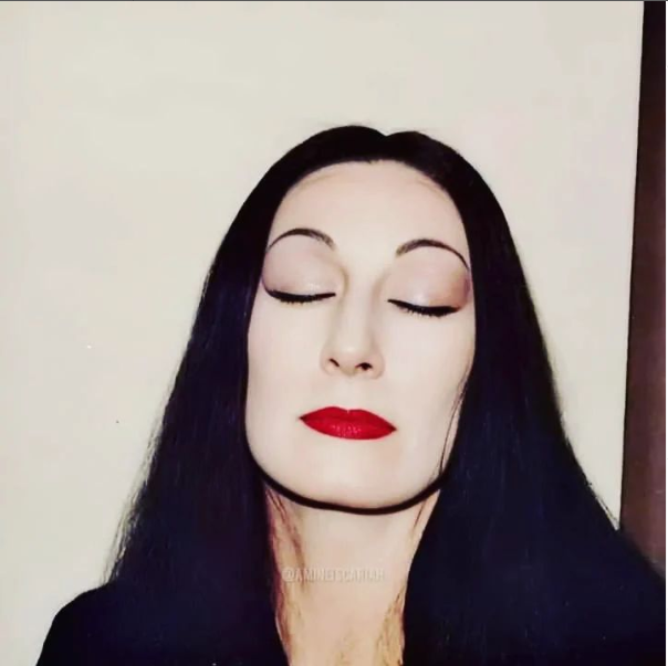 In the countdown to Halloween - a hair and make-up test Polaroid of the fabulous Anjelica Huston as Morticia from the 1990 Addams Family movie. #Halloween #Halloween2023 #addamsfamily #LobotomyRoom #AnjelicaHuston #MorticiaAddams #macabre #wraithcheekbones #morbidlybeautiful