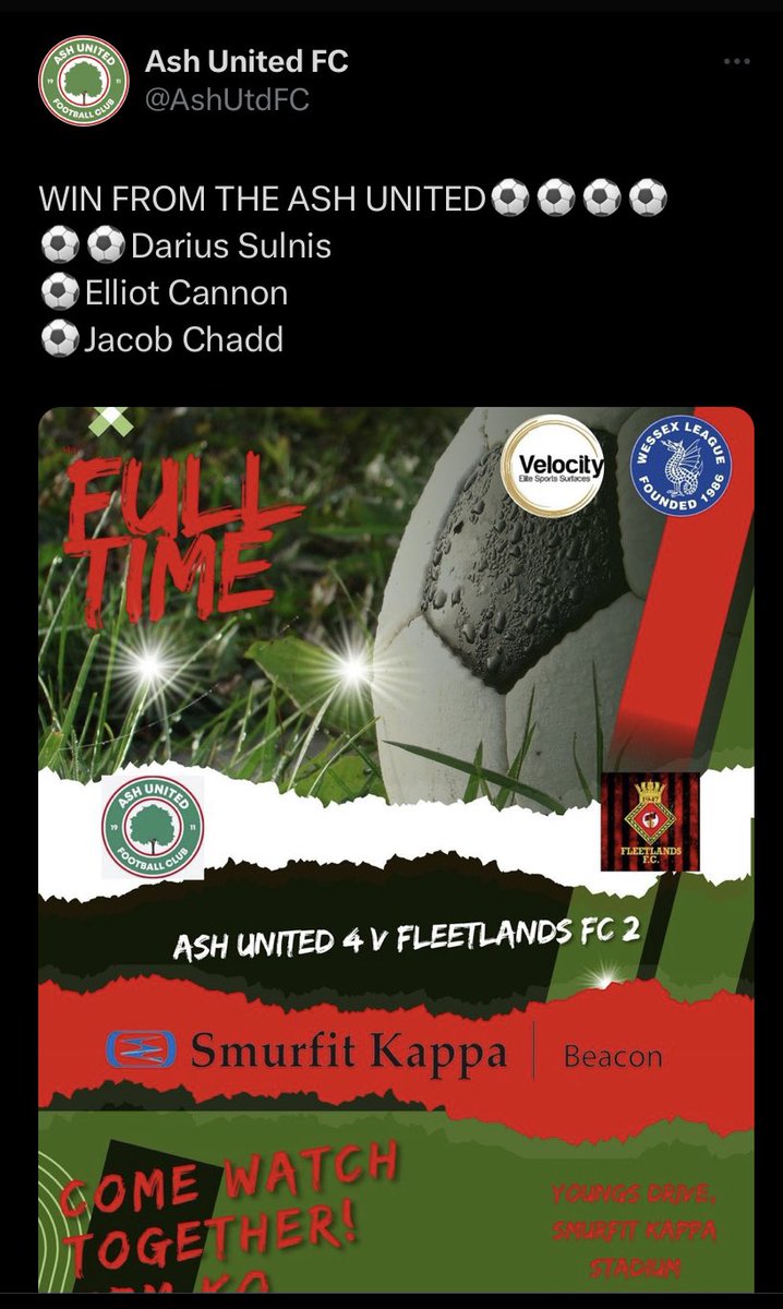 *** 3 POINTS CAME HOME ***

Well done <a href="/AshUtdFC/">Ash United FC</a> on the win today beating a fleetlands side that are above them but the lads dug in and Darius was at the DOUBLE ⚽️⚽️

He couldn’t do all the work so Elliot and Jacob chipped in to secure the points. 

<a href="/AshUtdFC/">Ash United FC</a>  up to 14th 💪