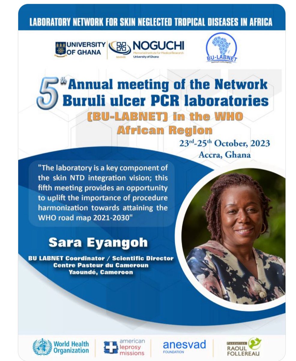 Le <a href="/CentrePasteur/">Centre Pasteur du Cameroun</a>  (CPC) participera à la 5ème rencontre annuelle du réseau Africain BULABNET (Buruli Ulcer Laboratory Network) qui se tiendra du 23 au 25 octobre 2023 à Accra au Ghana.
C'est le CPC qui en assure la coordination. @BU_LabNet
 #santépublique #UlcèredeBuruli  #NTD