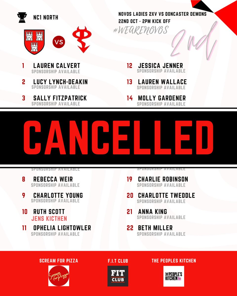 Novos Ladies (@novoswrfc) on Twitter photo 🔴⚪️⚫️GAME CANCELLED⚫️⚪️🔴
Unfortunately, due to the weather, the game tomorrow has been called off and will be rearranged.
Next weekend, we see both teams with home games. Our 1st XV against <a href="/CheltTigersWRFC/">Cheltenham Tigers WRFC</a> and the 2nd XV against <a href="/CarlisleCougars/">Carlisle Ladies RFC</a>
#wearenovos 🔴⚪️⚫️GAME CANCELLED⚫️⚪️🔴
Unfortunately, due to the weather, the game tomorrow has been called off and will be rearranged.
Next weekend, we see both teams with home games. Our 1st XV against <a href="/CheltTigersWRFC/">Cheltenham Tigers WRFC</a> and the 2nd XV against <a href="/CarlisleCougars/">Carlisle Ladies RFC</a>
#wearenovos