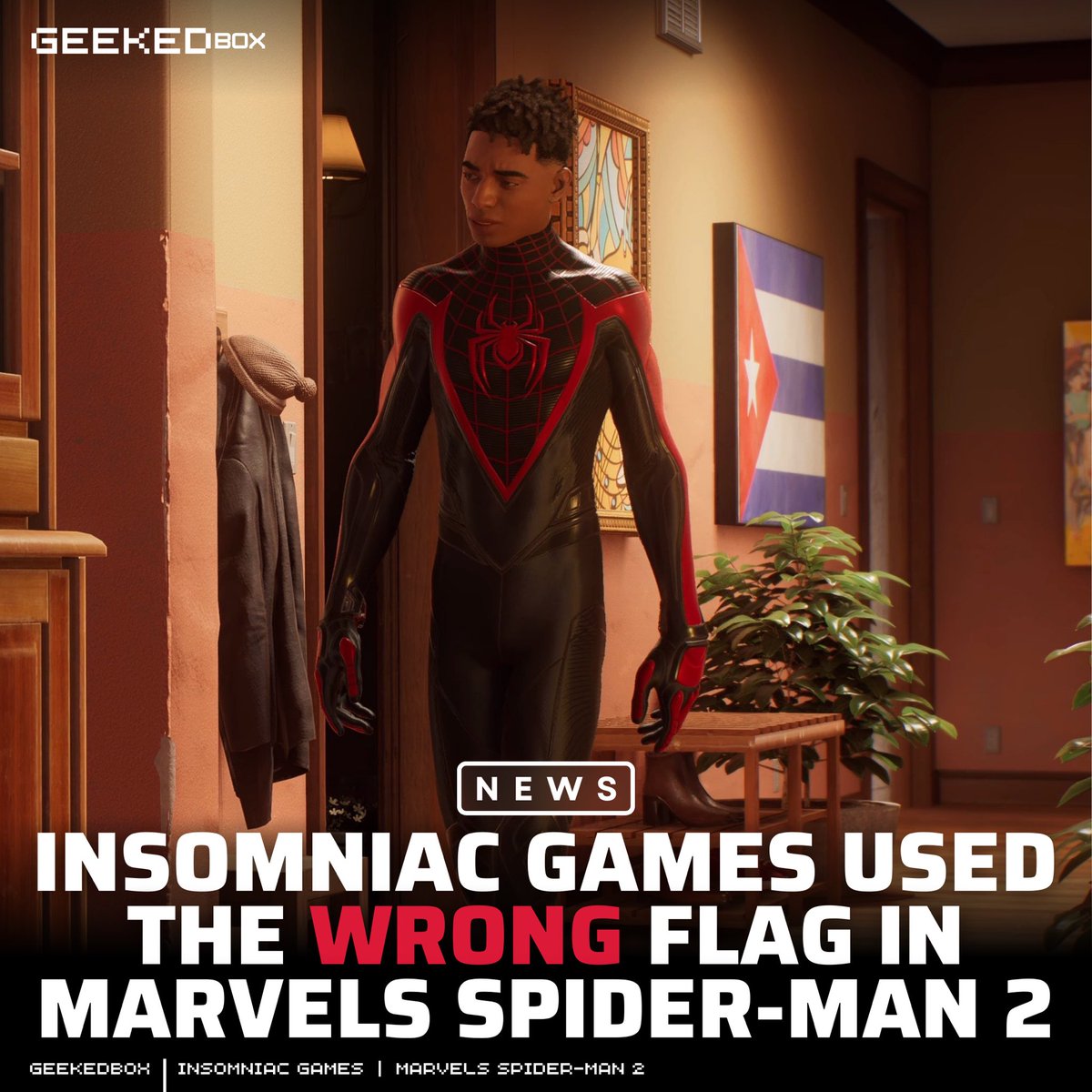 GeekedBox's tweet photo. Fans of Miles Morales who is Half Black and Half Puerto Rican have noticed that @insomniacgames have accidentally used the Cuban flag in Marvels Spider-Man 2. Some believe that the mistake was made because both flag look somewhat similar.

#GamingNews #SpiderMan2 #SpiderMan2PS5 https://t.co/KqBmBH2o8Z