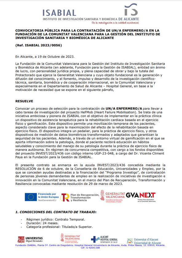 🚨 OFERTA DE TRABAJO🚨
dentro del programa INVESTIGO, de un contrato de 24 meses para trabajar como enfermera/o en <a href="/isabial_iis/">ISABIAL</a> vinculado a un proyecto de rehabilitación cardiaca.

¡Tienes hasta el viernes 26 de octubre para solicitarlo! 

+info aquí➡️fundanet.isabial.san.gva.es/ConvocatoriasP…