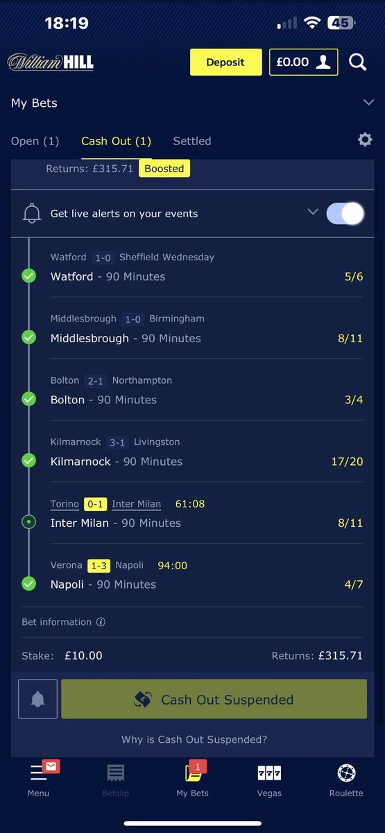 Napoli game finished at 15:50 and still showing in play so no cash out available. <a href="/WilliamHill/">William Hill</a>?