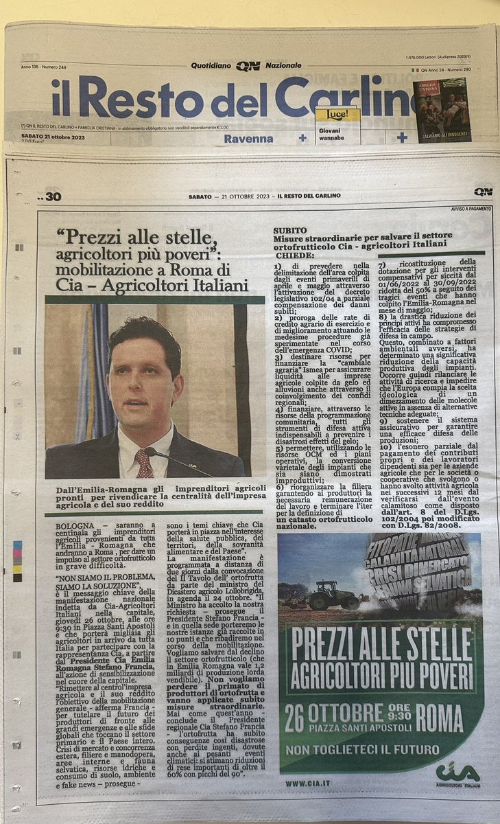 “NON SIAMO IL PROBLEMA SIAMO LA SOLUZIONE”, è questo lo slogan della manifestazione nazionale indetta da Cia-Agricoltori Italiani nella capitale, giovedì 26 ottobre, alle ore 9:30 in Piazza Santi Apostoli a Roma e che porterà migliaia gli agricoltori in arrivo da tutta Italia.