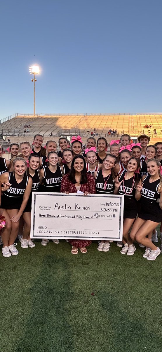 On behalf of the Cedar Park Cheer program, thank you to everyone who purchased a pink out game day shirt, and helped to contribute to the donation we were able to give to Austin Komen last night💓@CPHS_TWolves <a href="/SusanGKomen/">Susan G. Komen</a> <a href="/cedarparkcheer/">cedar park cheer</a> @LISDActivities