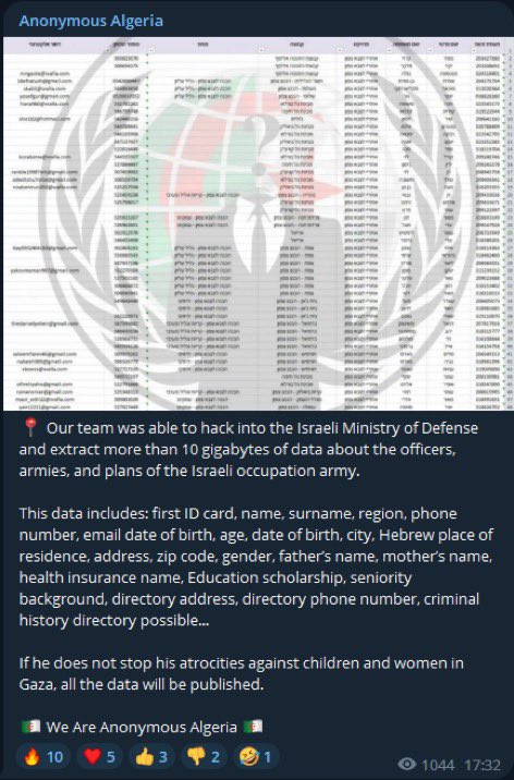 UnionAlgerienne's tweet photo. 🚨 𝗗𝗲𝘀 𝗵𝗮𝗰𝗸𝗲𝗿𝘀 𝗮𝗹𝗴𝗲́𝗿𝗶𝗲𝗻𝘀 🇩🇿 𝗼𝗻𝘁 𝗿𝗲́𝘂𝘀𝘀𝗶 𝗮̀ 𝗮𝗰𝗰𝗲́𝗱𝗲𝗿 𝗮𝘂 𝘀𝘆𝘀𝘁𝗲̀𝗺𝗲 𝗱𝘂 𝗠𝗶𝗻𝗶𝘀𝘁𝗲̀𝗿𝗲 𝗱𝗲 𝗹𝗮 𝗗𝗲́𝗳𝗲𝗻𝘀𝗲 𝗶𝘀𝗿𝗮𝗲́𝗹𝗶𝗲𝗻 🇮🇱 

Le groupe « Anonymous Algeria » à pu extraire plus de 10 Go de données concernant les officiers, les armées et les plans de l’armée d’occupation israélienne. 

« Si les atrocités contre les enfants et les femmes à Gaza ne cessent pas, toutes les données seront publiées. »