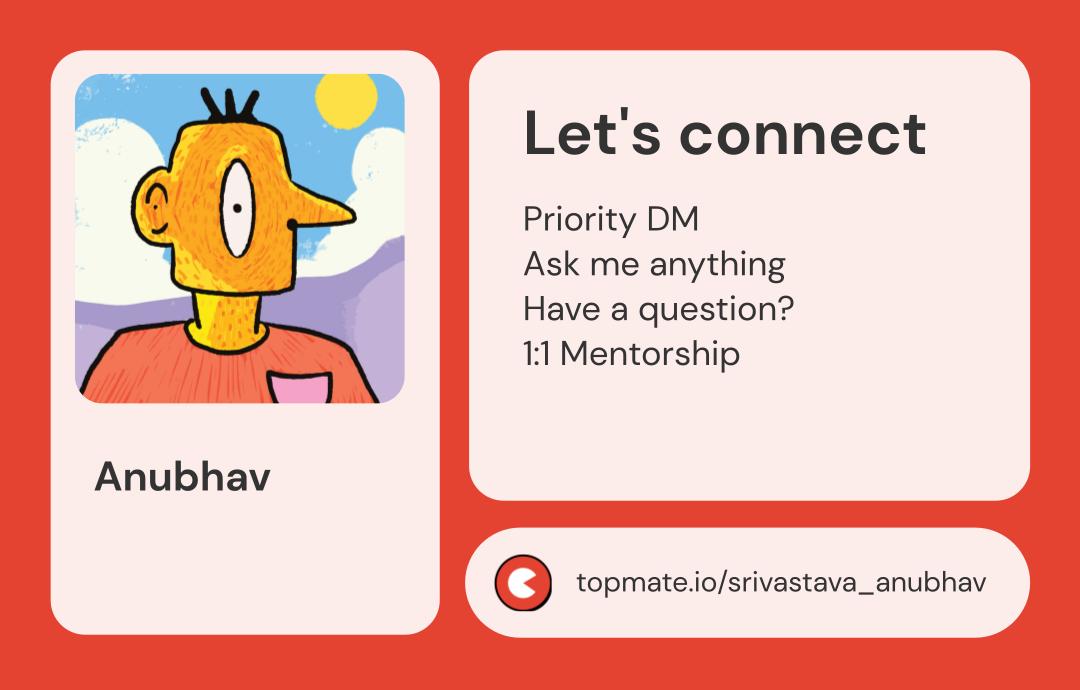 think_bigdata's tweet image. Hey folks!

I&apos;ve been getting a lot of DMs for guidance, so decided to take action on it.

I&apos;m excited to help folks out and give back to the community via Topmate. Don&apos;t hesitate to reach out if you have any questions or just want to say hi!
I&apos;m at topmate.click/i1dta