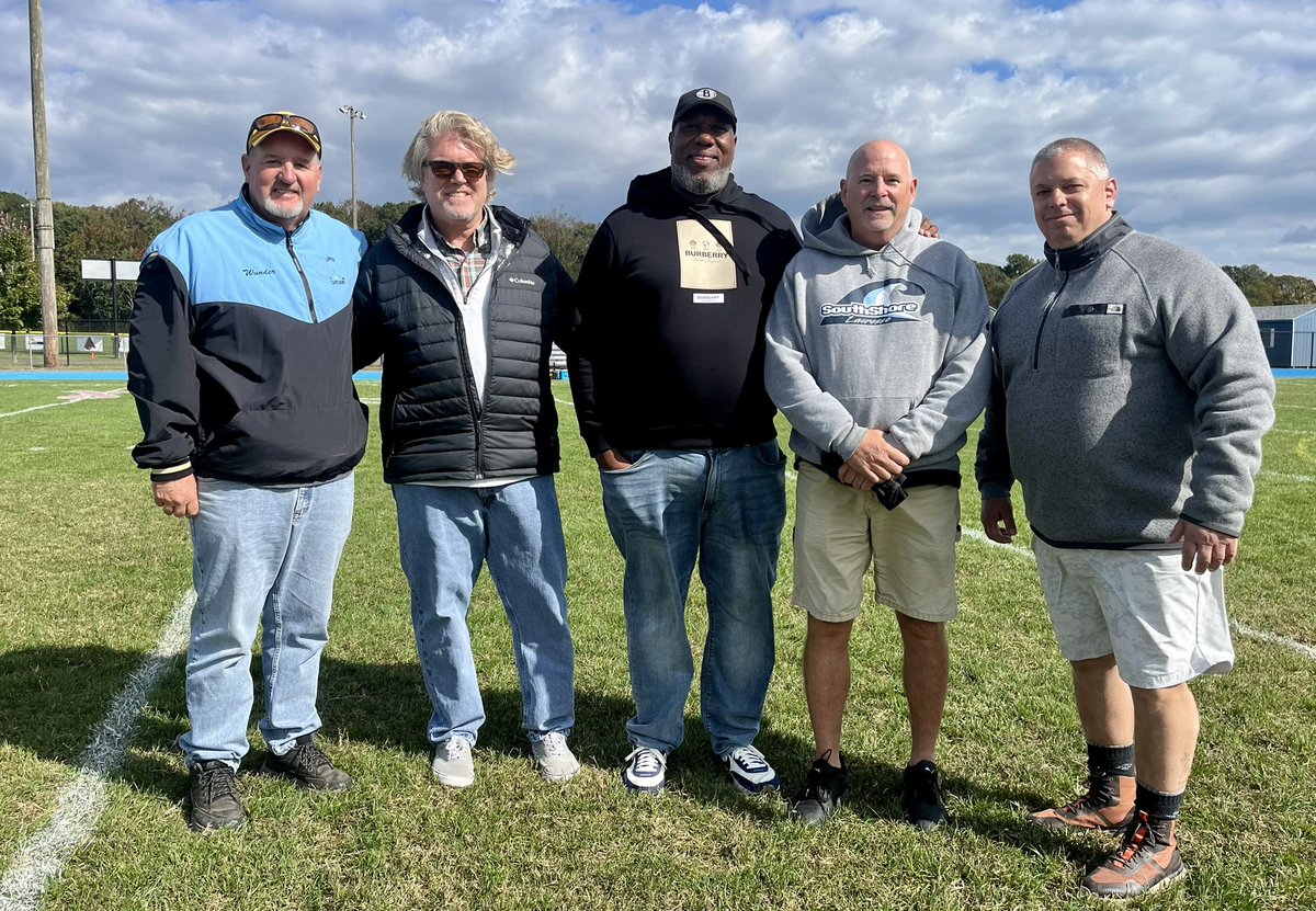 Lower Cape May honored members of its 1982 CAL title team at halftime of its game vs Gateway — in attendance were (from left) Jeff Wunder, Jesse Marcotte, Rick Fenwick, Bob Bonner, Nick Castellano. #CapeAtlantciLive @lcmrfootball @lowercapemay