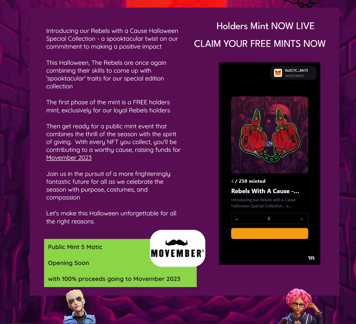 HICeeCee's tweet photo. 🎃 Introducing our Rebels with a Cause Halloween Special Collection—a twist on our mission to make a positive impact 🪡🧵
Spooktacular surprises await our Rebel holders! #RebelsHalloween
HOLDER FREE MINT IS LIVE: https://t.co/QucHbow3Te
#RebelswithaCause #CJMetaEvents https://t.co/zoj3yT8RYT