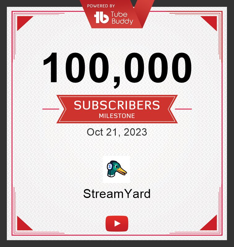 Congratulations to @streamyardapp for crossing 100k subscribers!!!!