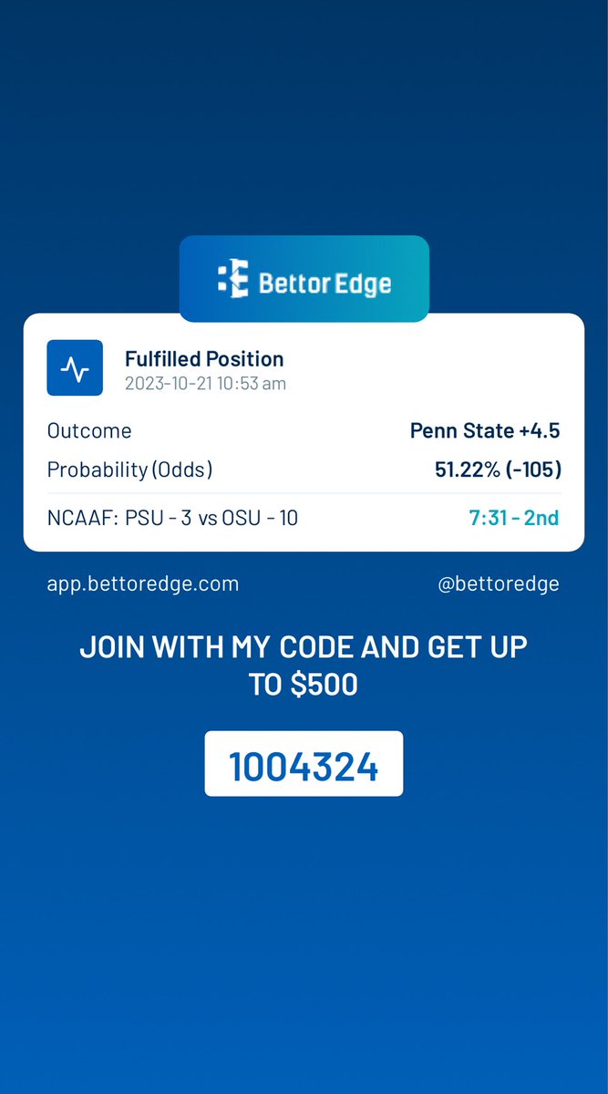 Friendly Foe's (@friendlyfoes1) on Twitter photo Let’s go Penn State! I got Penn State +4.5! Follow me on <a href="/Bettoredge/">BettorEdge - Social Betting Marketplace</a> Let’s go Penn State! I got Penn State +4.5! Follow me on <a href="/Bettoredge/">BettorEdge - Social Betting Marketplace</a>