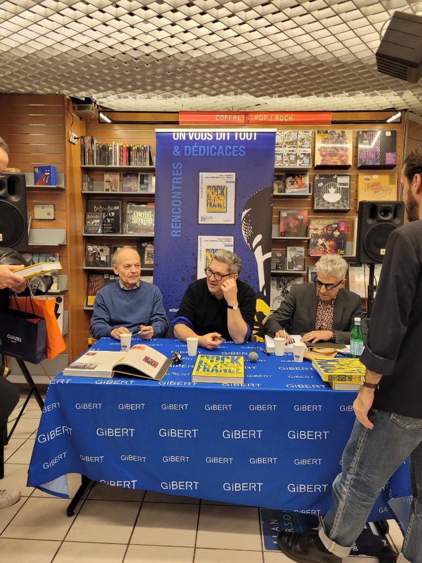 DVarrod's tweet photo. En plein travail ! Jour de signature avec @patbardot et Alexis Bernier à la librairie Gibert pour la sortie de notre livre « Rock la France » @EditionMarabout @radiofrance éditions https://t.co/sRIPPTSr69